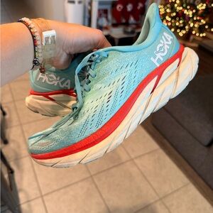 Hoka Clifton 8 Women's Teal and Coral Athletic Shoes